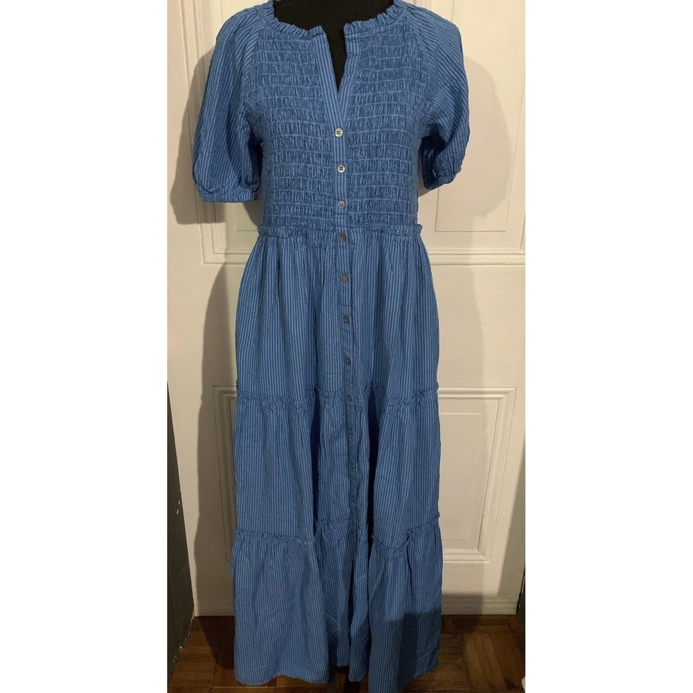 Sundance Topsail Tiered Blue Seersucker Striped Maxi Dress Size Small